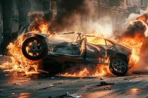 A vehicle is dramatically bursting into flames, surrounded by debris and smoke in a chaotic urban setting as the sun sets in the background photo