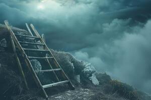 A rustic wooden ladder rests against a rocky outcrop, reaching towards the cloudy sky, evoking a sense of mystery and adventure in the twilight hour photo