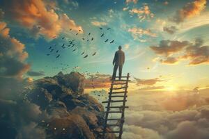 A solitary figure overlooks a breathtaking sunset from a rocky peak, surrounded by colorful clouds and birds soaring in the evening sky, creating a sense of peace and wonder photo