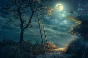 A serene landscape features a tall ladder resting against a tree under a bright moon. The night sky is filled with stars, creating a peaceful, enchanting atmosphere photo