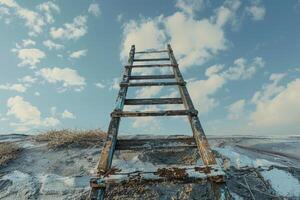 A weathered ladder stands tall against a backdrop of fluffy clouds and a blue sky, rising from a sandy terrain that appears soft and untouched photo