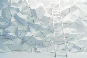 A stark white ladder stands against a dynamic, textured wall featuring abstract, sharp geometric shapes. The bright indoor light highlights the unique design photo