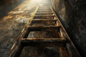 A wooden ladder stretches upward into a bright light from the depths of a shadowy tunnel, creating a striking contrast that evokes feelings of hope and adventure photo
