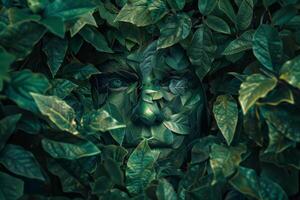 A woman's face is hidden in a green bush photo