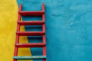 A red ladder is positioned against a colorful wall painted in bright blue and yellow, creating a striking contrast in the lively outdoor environment photo