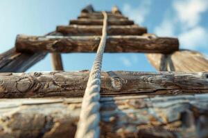 A rustic wooden ladder stretches upwards into the bright blue sky, capturing a moment of craftsmanship against the backdrop of wispy clouds and sunshine photo
