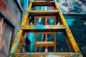 The bright yellow ladder stands out prominently against a backdrop of colorful graffiti, suggesting a dynamic urban scene rich with creativity and artistic flair photo