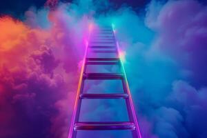 A ladder with colorful lighting ascends into fluffy clouds, creating a surreal atmosphere during sunset, evoking a sense of wonder and aspiration photo