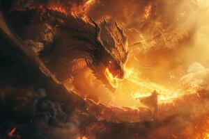 A massive, mythical dragon roars as it breathes fire, illuminating the darkened sky while a lone warrior stands bravely facing the creature in a dramatic confrontation photo