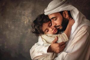 A loving father gently holds his child, who rests their head against him, creating a warm and intimate atmosphere that radiates affection and security photo