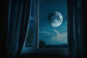 The window reveals a breathtaking view of a full moon surrounded by twinkling stars and gentle clouds, creating a tranquil nighttime atmosphere photo