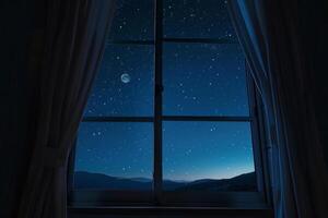 Looking out from a window at night, the view reveals a clear sky filled with stars and a crescent moon, all set against dark mountain silhouettes in the background photo