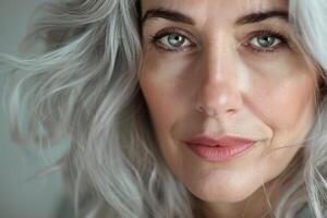 This striking close-up captures a woman with beautiful silver hair and captivating green eyes, radiating a sense of confidence and inner strength in a soft, light setting photo