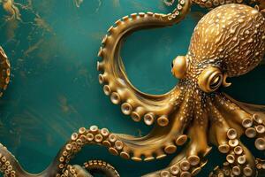 The golden octopus elegantly glides through the water, its distinct tentacles and textures highlighted against a vibrant teal backdrop, creating a striking underwater visual photo