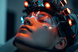 A individual lies still while fitted with a high-tech headgear equipped with sensors and lights, used for monitoring brain activity in a lab setting photo