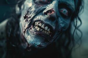 The zombie features gruesome facial details and hollow eyes, conveying a sense of horror in a dimly lit, unsettling setting that enhances its menacing appearance photo