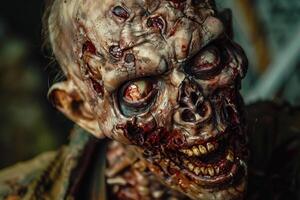 This striking display features a zombie character with elaborate makeup and grotesque details, set against a moody, shadowy background that enhances the eerie atmosphere photo