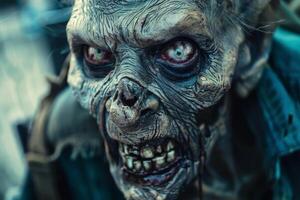The close-up reveals a highly detailed zombie face, emphasizing decaying skin, hollow eyes, and menacing teeth, creating a chilling atmosphere in a shadowy setting photo