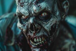 A detailed view of a zombie with sunken eyes and decayed skin, intensely staring as if ready to emerge from a horror-themed event or film, surrounded by eerie ambiance photo