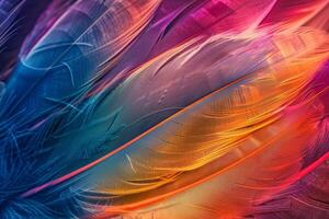 The close-up view reveals intricate details of colorful feathers with a stunning gradient of hues, beautifully illuminated in soft natural light photo