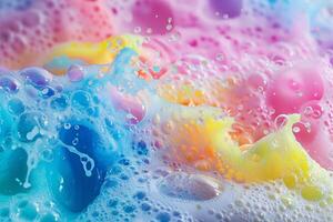 A vibrant swirl of colorful bubbles and foam fills the space, featuring shades of blue, pink, and yellow. Water droplets create a playful and dynamic scene full of texture photo