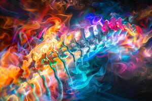A vivid and colorful abstract depiction of a human spine is enhanced with swirling smoke effects, creating a dynamic and captivating visual composition photo
