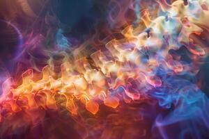 A colorful abstract display showcases a stylized human spine surrounded by swirling smoke, emphasizing fluidity and vibrant energy in a dynamic setting photo