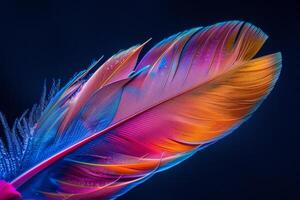 A vividly colored feather showcases gradients of blue, purple, and orange, highlighting the delicate structure and stunning patterns found in nature's artistry photo