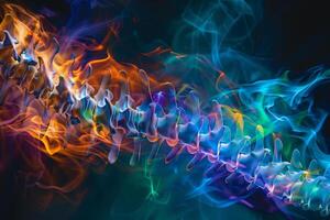 A stunning abstract display features a spine crafted from bright colors, surrounded by dynamic, swirling smoke. The composition evokes a sense of movement and vibrancy photo