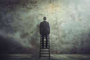 A person dressed in formal attire is perched on a ladder, gazing thoughtfully at an empty wall. The surrounding area is minimal and subtly illuminated, emphasizing reflection photo