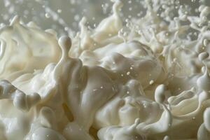 Thick white cream splashes dramatically, creating lively droplets and textures against a soft, neutral background, highlighting culinary creativity in action photo