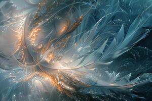 A captivating display of complex fractal patterns featuring swirling feathers and radiant light elements, creating a dynamic visual experience photo