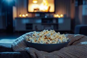 A bowl of popcorn is on a blanket in front of a television photo