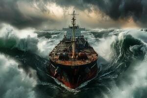 The cargo ship faces massive waves while battling fierce weather conditions as storm clouds loom overhead during the late afternoon photo