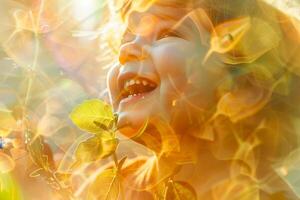 A young child with a bright smile expresses joy while playing outside, surrounded by soft sunlight filtering through colorful leaves and plants photo