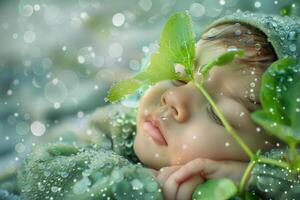 A baby peacefully sleeps on a soft surface, surrounded by green leaves, while delicate raindrops create a dreamy, tranquil atmosphere photo
