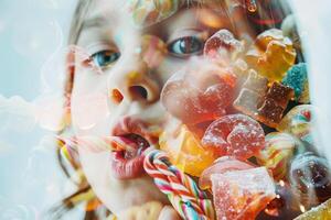 A young child playfully interacts with vibrant candies, blowing bubbles and showcasing a joyful expression, surrounded by an array of sweets in a bright setting photo