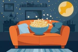 A cartoon of a couch with a bowl of popcorn on it photo