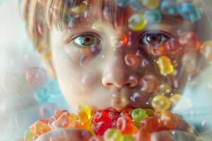 A young child intensely examines a variety of colorful candies, holding a handful close to their face while the background is filled with more vibrant treats photo