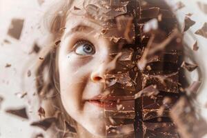 A child looks up with wide eyes as pieces of chocolate break apart around them, creating a magical atmosphere filled with delight and curiosity photo