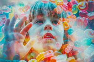 A young child gazes in wonder at an array of vibrant candies displayed in a shop, their hand reaching out to touch the sweet treats on a sunny day photo