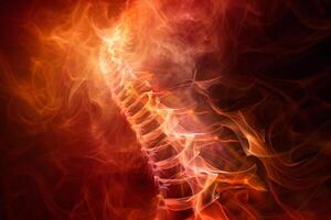 Colors blend smoothly to form a dynamic representation of a spine engulfed in flames and smoke, creating an ethereal and dramatic atmosphere photo