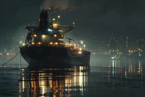 The cargo ship sits at the dock, its lights glowing through the fog, while the city skyline sparkles in the distance, creating a serene nighttime atmosphere photo