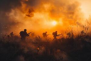 A group of soldiers are running through a field of smoke and fire photo