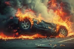 A black car is completely consumed by fire on a desolate highway at night, with intense flames and dark smoke rising dramatically into the air photo