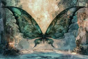 A large, beautifully detailed butterfly with translucent wings showcases intricate patterns, surrounded by a serene forest backdrop filled with soft, magical light photo