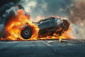A car is seen flying upside down amid an explosive fireball, filling the street with smoke and flames during an action-packed stunt at twilight photo