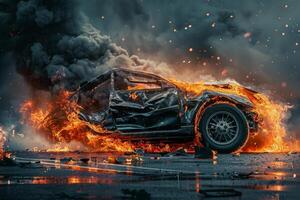 A car is completely on fire, flames and smoke rising into the air, creating a chaotic atmosphere in an urban environment under a cloudy sky photo