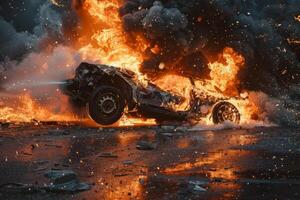 A classic car bursts into flames after a violent collision on an empty road, illuminating the night sky. Smoke and debris fill the air, creating a chaotic atmosphere photo