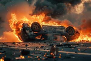 An overturned car is engulfed in flames while smoke billows into the sky. Debris is scattered around, showcasing the chaotic aftermath of an urban accident photo